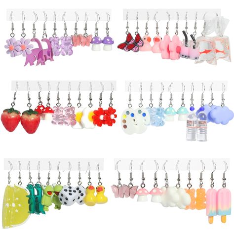 PRICES MAY VARY. VARIOUS STYLE: This weird cute earrings set includes 30 pairs, including milk tea earrings, funny water bottle earrings, gummy bear earrings, food earrings, dice, cloud, butterfly, orange, fish, egg, mushroom earrings, ice cream, fruit food earrings, aesthetic earrings, duck earrings, milk tea earring, Dinosaur, daisy flower earrings, etc for your daily wearing. FUNNY EARRINGS: The indie earrings are designed in the shape of a mini cute with different colors, like pink, white, g Indie Earrings, Weird Earrings, Earrings Food, Aesthetic Earrings, Funny Earrings, Kawaii Earrings, Bottle Earrings, Earrings Aesthetic, Fruit Flowers