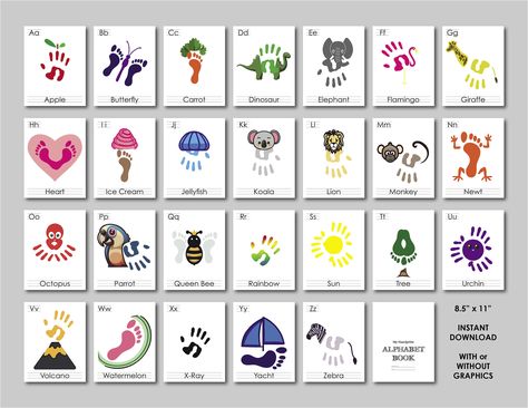 Kids Handprint & Footprint Alphabet 2 ways to have fun, with the premade graphics or DIY them yourself! Fun for all ages! Enjoy quality time with your little ones while creating memories with this handprint and footprint alphabet bundle! Perfect for at home or school or just something to do on a rainy day!  *No physical product will be shipped, this is a digital downloadable art print. 8.5 inches by 11 inches High resolution files. Now go on and enjoy the fun with your little ones! Less Alphabet Hand Print Art, Letter C Footprint Craft, Infant Alphabet Art, Footprint Alphabet Art, Q Handprint Craft, Monthly Footprint Art, Letter G Handprint Craft, Hand Print Alphabet Book, I Handprint Craft