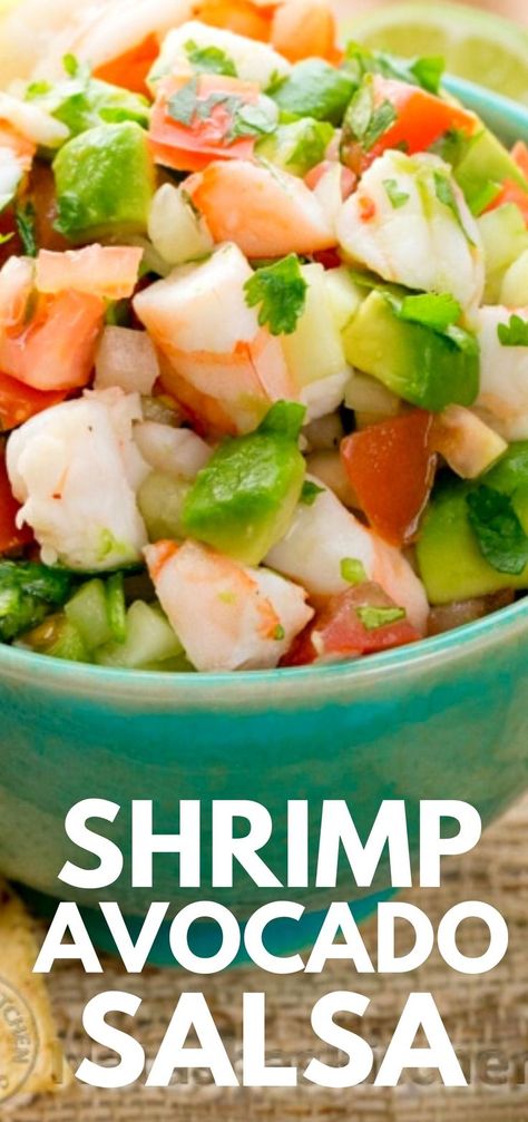 Shrimp Avocado Salsa is skinny shrimp salsa with no added fats or salt, a perfect chunky salsa for the seafood lover in your life. Chunks of amazing shrimp, delicious avocado and just the right amount of seasoning makes this an amazing appetizer #salsa #lowcarb #ketofriendly #appetizer #dip Avocado Salads, Seafood Salads, Shrimp And Avocado Salad, Shrimp And Avocado, Shrimp Avocado Salad, Cooked Shrimp, Yummy Salads, 2024 Recipes, Shrimp Avocado