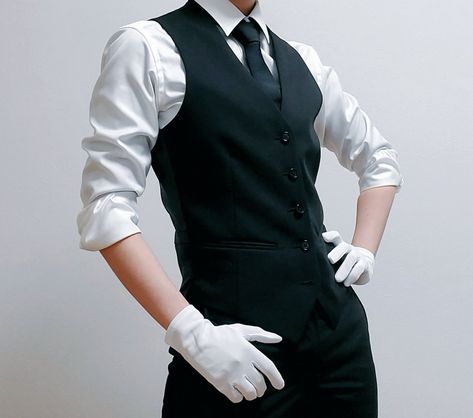 Butler Pose Reference, Butler Outfit Men, Suit Reference Photo, Photo Reference Poses Male, Gloves Reference, Photo Reference Poses, Butler Costume, Waiter Outfit, Butler Outfit