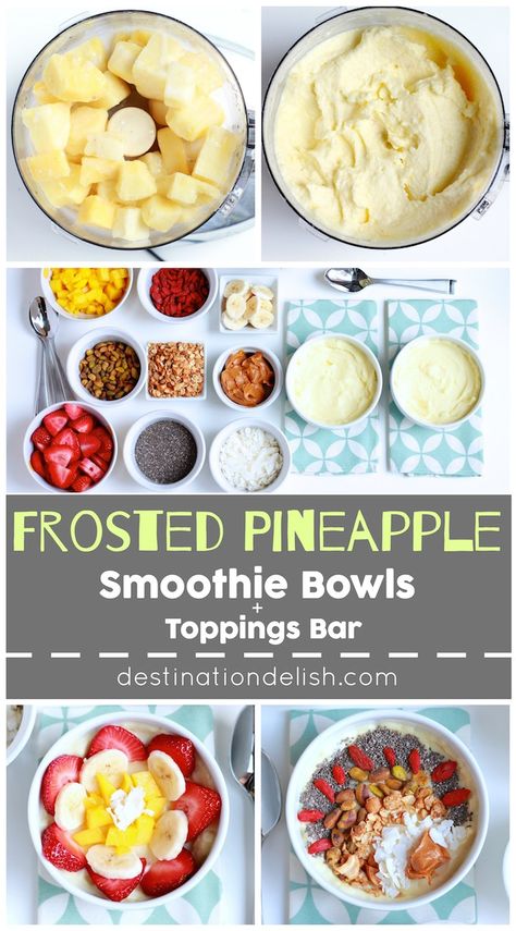 Frosted Pineapple Smoothie Bowls and Toppings Bar | Destination Delish - A fun and healthy take on the beloved Dole Whip soft serve with plenty of fruit and crunchy toppings. Smoothie Bowl Toppings, Toppings Bar, Plats Healthy, Pineapple Smoothie, Smoothie Bowl Recipe, Smoothie Bowls, Cereal Recipes, Breakfast Bowls, Bowls Recipe