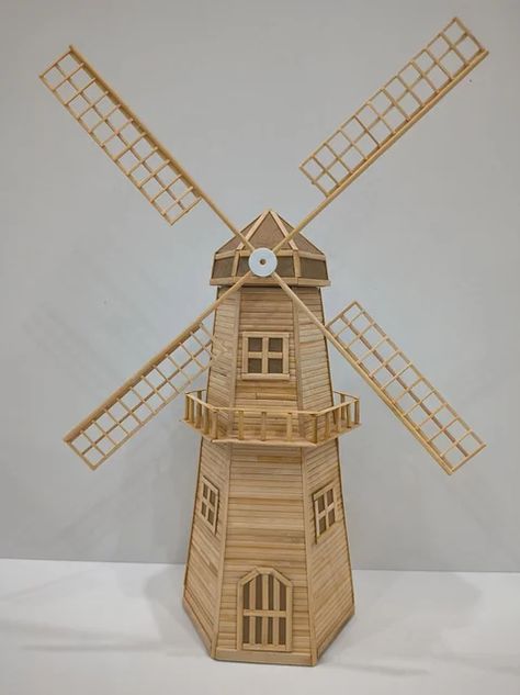 Wooden Windmill Plans, Eiffel Tower Craft, Toothpick Sculpture, Windmill Plan, Windmill Diy, Windmill Art, Family Tree Wall Art, Diy Popsicle Stick Crafts, Garden Windmill