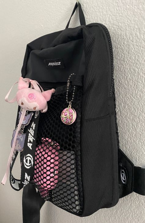 a black sling bag sold as tour merch for ateez break the wall tour Kuromi Bag Aesthetic, Lightiny Ateez Aesthetic, Ateez Sling Bag, Kpop Bag Aesthetic, Kpop Concert Bag, Kuromi Merch, Kpop Backpack, Atiny Aesthetic, Kpop Bag