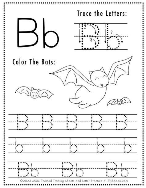 Free Halloween Themed Letter Tracing Worksheet Letter B is for Bats -Engage young learners with free printable Halloween-themed alphabet letter worksheet sets! Ideal for homeschoolers & preschool teachers and perfect for Halloween-themed lesson plans! 🍁🖍👻🎨 #Homeschooling #PreschoolEducation #PreKLearning #HalloweenActivities #AlphabetWorksheets #Printables #Freeprintable #FreeprintableHalloweenWorksheet B Tracing Worksheet, Letter B Tracing, Letter B Coloring Pages, Letter B Activities, Letter B Worksheets, Alphabet Letter Worksheets, Halloween Themed Activities, Dot Marker Activities, Free Printable Halloween