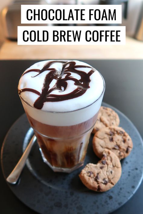 Chocolate tasting cold foam cold brew coffee recipe for DripBeans Chocolate Cold Foam Recipe, Cold Brew With Cold Foam, Chocolate Cream Cold Brew, Chocolate Cold Foam, Chocolate Cold Brew, Cold Foam Cold Brew, Brew Coffee Recipe, Barista Recipe, Chocolate Tasting