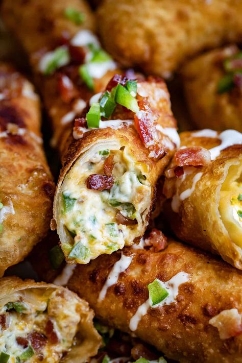 Jalapeno Popper Egg Rolls 3 Ingredient Egg Rolls, Fried Pickle Egg Rolls, Bacon Jalapeño Popper Eggrolls, Bacon Jalapeno Poppers Eggrolls, Bacon Jalepeno Popper Egg Roll, Jalepeno Popper Eggrolls, 2024 Food Ideas, Bacon Jalapeño Egg Rolls, Jalapeno Cream Cheese Egg Rolls