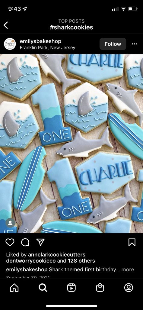 Shark First Birthday Party Boys, Shark Theme Cookies, 2nd Birthday Shark Theme, First Birthday Shark Theme, 1st Birthday Shark Theme, Shark Themed 1st Birthday Party, Shark Week Cookies Decorated, Shark Fourth Birthday, Shark Themed Birthday Cake