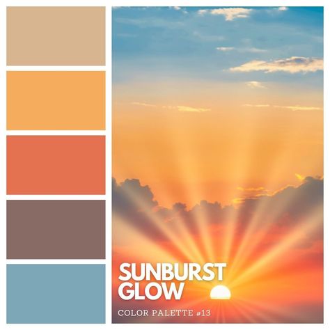 Bask in the radiant hues of our 'Sunburst Glow' palette ☀️✨ Immerse yourself in the warm oranges, vibrant yellows, and calming blues, inspired by the breathtaking sunset with bursts of sunlight and billowing clouds. 🌤️ Save this palette to bring a touch of sunset magic into your creations! 🎨 #SunburstGlow #ColorPalette #SunsetInspiration #RadiantColors ��🌈 Color Palette Sunrise, Sunrise Color Palette Mornings, Blue And Yellow Colour Palette, Sunshine Palette, Sunshine Color Palette, Sunset Pallet, Orange And Blue Color Palette, Sunrise Color Palette, Blue Pallets