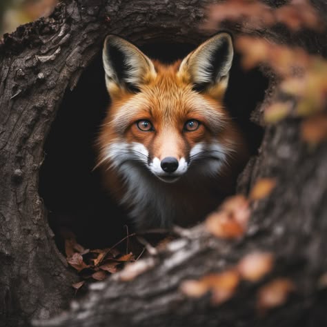 Realistic photo of a red fox emerging out of a hollowed out and rotting tree. The fox's eyes are intensely focused in the direction of the camera. It's autumn in Algonquin Park. Leaves are beginning to turn red. Fox Portrait Photography, Fox Side Profile, Realistic Fox Tattoo, Red Fox Photography, Rotting Tree, Fox Autumn, Red Fox Art, Otter Illustration, Fox Printable