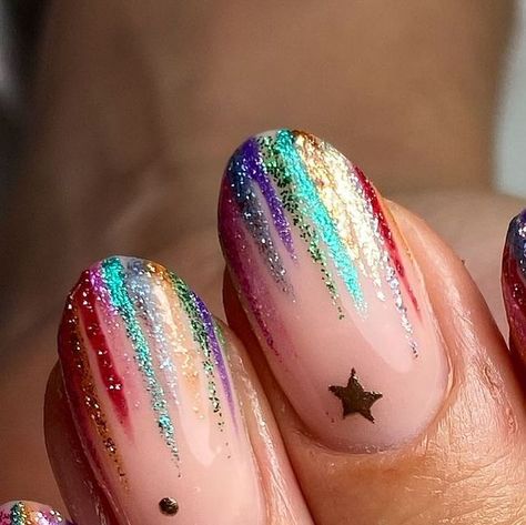 Chloe Birks - Nail Art by Chlo on Instagram: "When clients love a set so bad they repeat for Christmas the year after 😅🌈✨ glitzy set inspo from the iconic @leannehaycock_ original nails using every glitter I own from @glossifyofficial @homeofnailart @the_gelbottle_inc prep @officialnavyprofessional & @willowacademy_lj #glitternails #christmasnails #christmasnailinspo #christmasnailart #glitternailinspo #decembernails #starnails #nyenails #newyearsnails #nailart #nailit #nailitdaily #nailsnailsnails #nailaddict #loveglossify #homeofnailart #hona #thegelbottleinc" Star Nails Sparkle, Abba Inspired Nails, Christmas And New Years Nail Ideas, Disco Nails 70s, New Year’s Nails, Abba Nails, Taylor Swift Nails Ideas, Disco Nails Designs, Taylor Nails