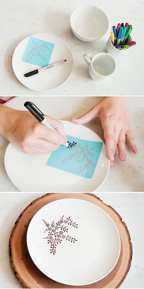 25 Easy and Creative Sharpie Crafts - Stencilled sharpie plates. Bake at 350 for 30 minutes to seal. Diy Sharpie Crafts, Sharpie Plates, Diy Para A Casa, Kerajinan Diy, Sharpie Crafts, Diy Sharpie, Astuces Diy, Sharpie Art, Stencil Crafts