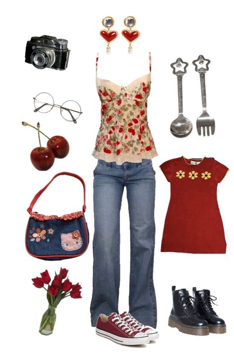 Flowery Aesthetics Outfit, 2000s Fashion Outfits Red, Cute Outfit Ideas Layout, Applecore Outfit, Red Head Outfits, Red And Blue Outfit, Strawberry Shortcake Outfits, Flowery Outfits, Red Coquette