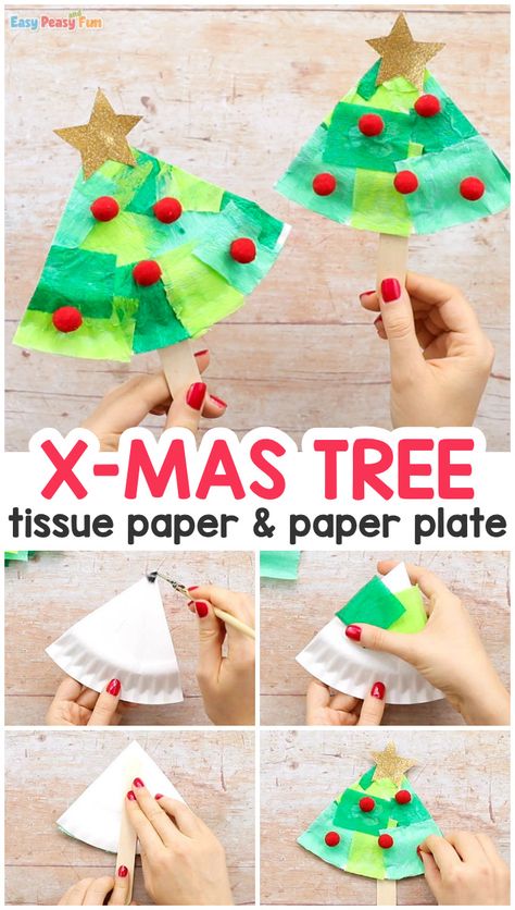 Tissue Paper Christmas Tree Paper Plate Craft - Easy Peasy and Fun Christmas Tree Paper, Christmas Tree Craft, Paper Plate Craft, December Crafts, Christmas Art Projects, Christmas Crafts For Toddlers, Preschool Christmas Crafts, Christmas Kindergarten, Christmas Arts And Crafts