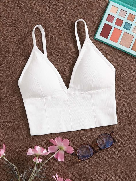 Rib Longline Bralette Women Bras, White Bralette, Longline Bra, Tank Top Bras, Bra Types, Cami Crop Top, Cute Simple Outfits, Bras And Panties, Shein Style