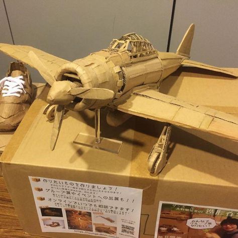 The student also made a model plane from the recycled boxes Cardboard Builds, Cardboard Sculptures, Cardboard Model, Paper Mache Animals, Paper Art Sculpture, Origami Models, Making A Model, Cardboard Sculpture, Paper Mache Sculpture