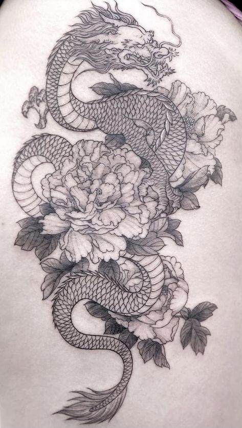 Dragon And Cherry Blossom Tattoo Thigh, Dragon Floral Tattoo Design, Japanese Dragon Hip Tattoo, Japanese Dragon Back Tattoo For Women, Dragon With Peonies Tattoo, Chinese Dragon With Flowers Tattoo, Dragon Peony Tattoo, Dragon With Lotus Flower Tattoo, Dragon And Flower Tattoo For Women