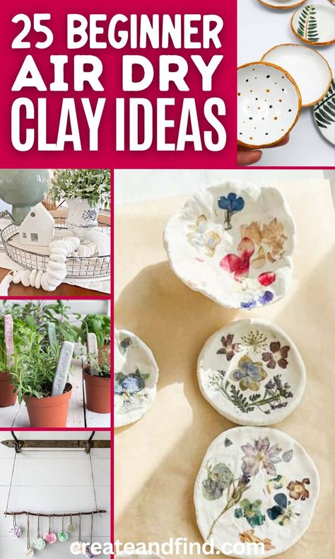 Collage of things to make with air dry clay. Beginner Air Dry Clay, Dry Clay Jewelry Holder, Dry Clay Ideas For Kids, Clay Crafts Air Dry Easy, Best Air Dry Clay, Crayola Clay, Air Dry Clay Jewelry Holder, Clay Ideas For Kids, Air Dry Clay Ideas For Kids