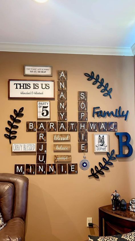 Crossword Name Wall Decor, Crossword Wall Decor Diy, Diy Crossword Wall Art, Crossword Names On Wall, Family Crossword Wall Art, Diy Scrabble Letters Wall Decor, Time Stood Still Wall Art, Diy Scrabble Tiles Wall Art, Scrabble Wall Art Ideas