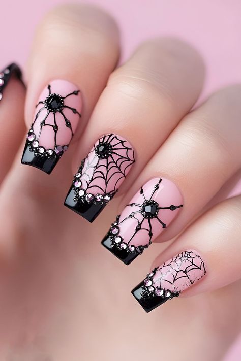 Spooky Halloween details on pink nail polish Spiderweb Nails Tutorial, Creepy Halloween Nail Designs, Scary Nails Designs, Skeleton Nails Designs, Bride Of Frankenstein Nails, Goth Fall Nails, Halloween Gel Nails Ideas, Halloween Manicure Ideas, Spider Nail Art