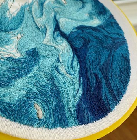 Aerial Embroidery Recreates the Swirling Beauty of NASA Imagery Embroidery Water, Water Embroidery, Embroidered Waves, Waves Embroidery Pattern, Running With Wave Embroidery, Ocean Waves Embroidery, Underwater Embroidery, Water Artwork, Kona Cotton