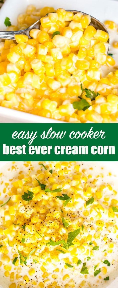 Best ever Slow Cooker Creamed Corn recipe is a quick and easy side dish. Cream cheese, milk, cream and butter make this the creamiest corn around! #creamedcorn #corn #slowcooker #recipe #sidedish via @tastesoflizzyt Corn Slow Cooker Recipes, Crockpot Baked Corn, Corn In Crockpot Slow Cooker, Slow Cooker Cheddar Corn, Summer Drinking Games, Creamed Corn Recipe Easy, Slow Cooker Corn Casserole, Crockpot Corn, Slow Cooker Corn