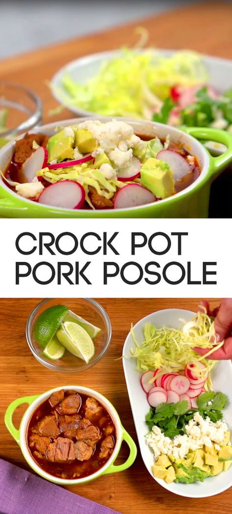 Crock Pot Pork Posole Recipe | Here's a hearty slow cooker meal that's economical and packed with flavor thanks to ancho chile powder. You'll need pork shoulder, cumin, oregano, bay leaves, onion, garlic, hominy and chicken broth to complete the dish along with your favorite garnishes. #familydinner #soups #stews #easymeals Pork Posole Recipe, Pasole Recipe, Pork Pozole, Cubed Pork, Work Treats, Pork Posole, Posole Recipe, Pozole Recipe, Crock Pot Pork