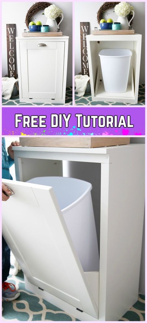 DIY Tilt Out Trash Can Cabinet Tutorials Tip Out Trash Can, Pullout Trashcan Cabinet, Diy Trash Can Storage Kitchen, Diy Bathroom Trash Can, Bathroom Trash Can Ideas Diy, Indoor Garbage Can Storage, Diy Tilt Out Trash Cabinet, Hidden Trash Can Bathroom, Diy Hidden Trash Can Kitchen