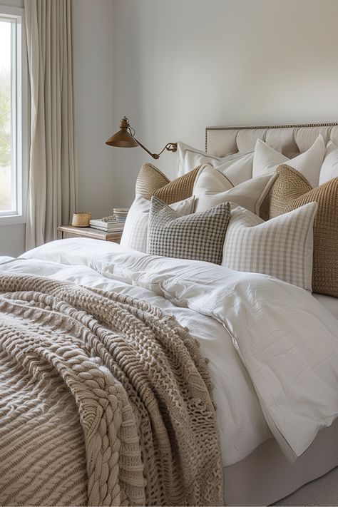 Neutral Layered Bedding, How To Layer Bedding Master Bedrooms, How To Layer Bedding, Layered Bedding Ideas Cozy Bedroom, Modern Farmhouse Master Bed, Bedding Layering, Layering Bedding, Cozy Bedroom Makeover, Layered Bedding Ideas