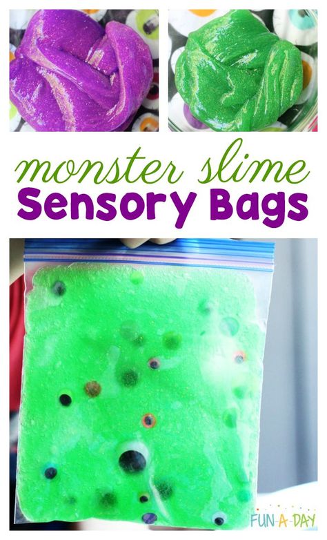 Use glitter monster slime and googly eyes to make sensory bags for kids of all ages #Slime #Sensory #SensoryBags #Preschool Halloween Sensory Bags, Monster Slime, Slime Kids, Sensory Play Recipes, Sensory Pathways, Monster Activities, Halloween Slime, Halloween Lesson, Scary Monster