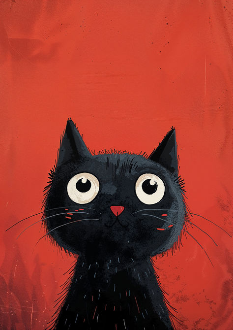 Add a touch of whimsy to your collection with this humorous vector art of a wide-eyed curious black cat set against a bold red backdrop. Black Cat Background, Happy Movie, Black Cat Aesthetic, Cat Prints, Red Backdrop, Cute Cat Illustration, Cat Illustrations, Cat Background, Cute Black Cat