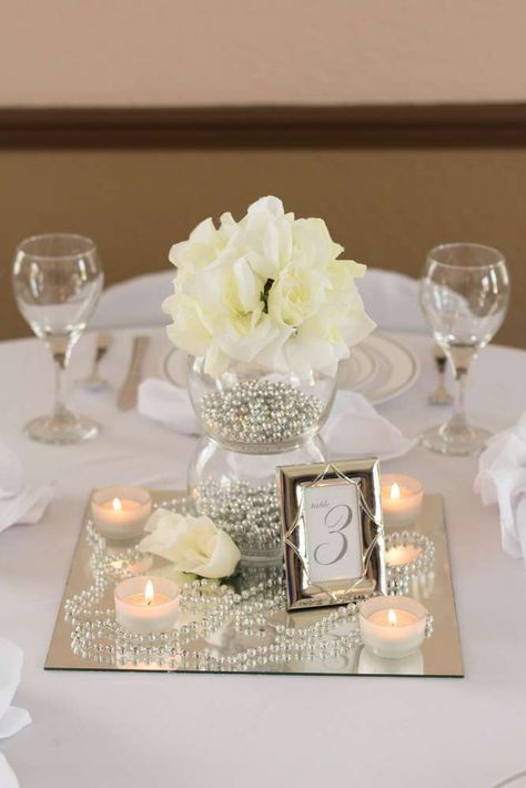 White, Ivory, Silver Wedding Party Ideas | Photo 1 of 6 Mirror Centerpiece Ideas Party, White And Gold Centerpiece, Pearl Centerpiece Ideas Diy, Square Mirror Centerpiece Wedding, Mirror Tile Centerpiece, Wedding Centerpieces On Mirrors, Silver Party Centerpieces, Mirror Centerpiece Ideas Wedding, 25th Anniversary Table Centerpieces