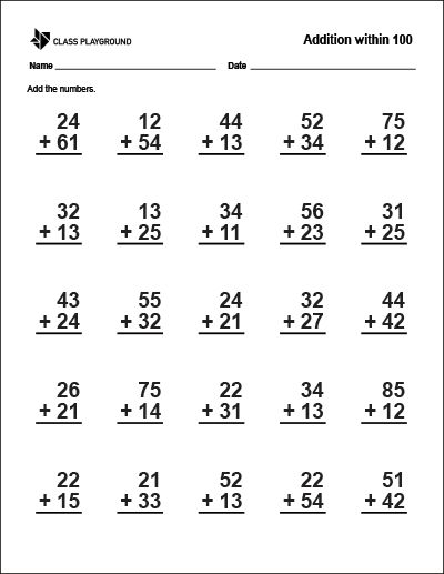 Printable Addition Within 100 Worksheet Addition With Regrouping Worksheets, Easy Math Worksheets, Kindergarten Math Worksheets Addition, Mental Maths Worksheets, Addition Worksheet, Adding Numbers, Math Addition Worksheets, First Grade Math Worksheets, 2nd Grade Math Worksheets