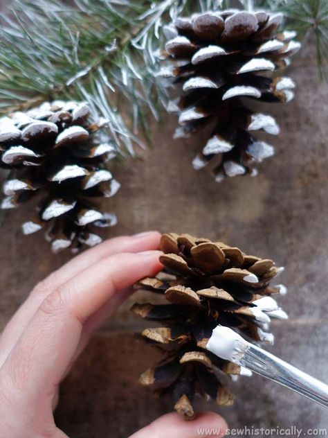 How To Make Snow Covered Pine Cones - Sew Historically Pinecone Ideas, Pinecone Projects, Sugar Pine Cones, Natural Christmas Ornaments, Pinecone Art, Pine Cone Christmas Decorations, Pinecone Crafts Christmas, Make Snow, Pinecone Crafts