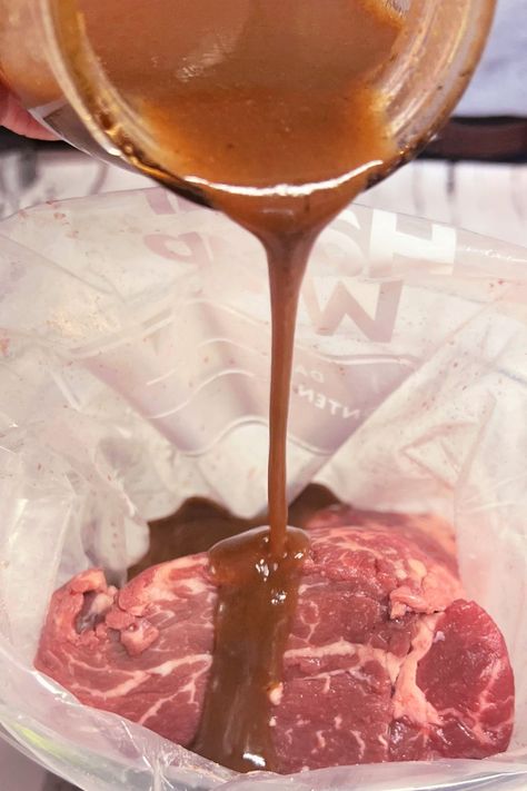 Pouring-Beef-Marinade Marinate Roast Beef, Beef Tenderloin Steak Marinade, Marinate Fillet Mignon, Beef Tenderloin Recipes Grilled Marinade, Filet Mignon Recipes Grilled Marinade, Marinated Filet Mignon, Best Filet Mignon Marinade, Tenderloin Marinade Beef, Beef Tenderloin Rub Recipe