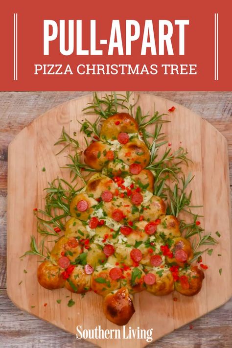 Cheese, garlic, and dough: these are a few of our favorite things. We've combined these into a wonderful holiday appetizer perfect for your Christmas cocktail party. This pizza pull-apart bread can be formed into any shape, but we love a festive Christmas tree. #christmas #christmaspartyfood #christmasappetizer #pullapartappetizer #southernliving Holiday Wreath Pizza Pull Apart, Foccacia Bread Art Christmas Tree, Christmas Leftovers Pull Apart Bread, Christmas Pizza Appetizers, Christmas Tree Pizza Pull Apart, Pizza Dough Christmas Tree Appetizer, Christmas Themed Food Holiday Parties, Christmas Pizza Ideas, Christmas Pull Apart Bread