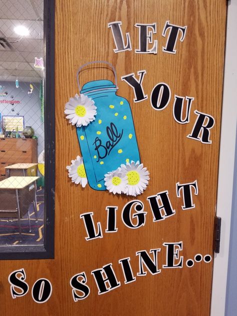 Firefly Classroom Theme, Shine Bright Bulletin Board Ideas, Let Your Light Shine Bulletin Board, Shine Bright Quotes, Shine Theme, Class Door Decorations, School Wide Themes, Forest Classroom, Camping Theme Preschool