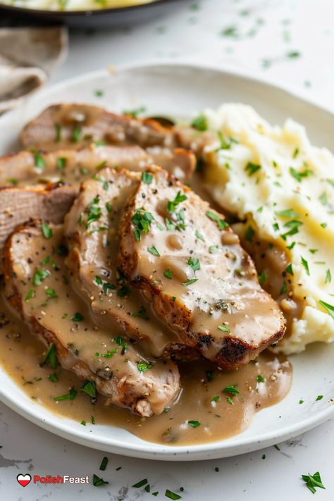 Polish Pork Loin in Gravy, or Schab w Sosie Własnym, is a tender pork, cooked in gravy. Perfect for family dinners and special occasions. Pork Loin Recipes Crockpot, Pork Loin With Gravy, Polish Meals, Boneless Pork Loin Recipes, Pork Loin Recipes Oven, Baked Pork Loin, Pork Crockpot, Cabbage Skillet, Polish Kitchen