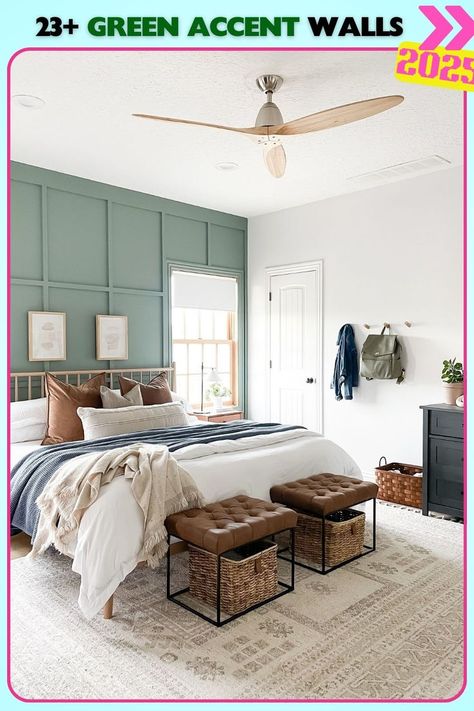 A spacious bedroom with a panel green accent wall that adds texture and elegance. The light green tone creates a calming, soothing atmosphere perfect for relaxation. Bedroom Rugs Under Bed, Transitional Beds, Rug Under Bed, Organic Modern Bedroom, Rug Over Carpet, Fresh Bedding, Green Accent Walls, Bedroom Redo, Kilim Beige