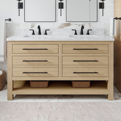 Revitalize your bathroom with the transitional allen + roth Kennilton light oak vanity, offering a blend of style and organization. Embrace the beauty of open storage and drawer organizers that provide practical solutions for your daily essentials. With two sets of included hardware in brushed nickel and matte black, this versatile vanity allows you to customize and elevate your space effortlessly. The vanity top is pre-drilled for one widespread faucet and the vanity arrives pre-assembled, allo All Drawers Bathroom Vanity, Vanity 60 Inch Double Sinks, Beach House Bathroom Vanity, Master Bath Vanity With Linen Cabinet, White Oak Double Vanity Bathroom, 60” Bathroom Vanity, Oak Vanity Bathroom Ideas, Light Wood Vanity Bathroom, Wood Vanity Bathroom Ideas