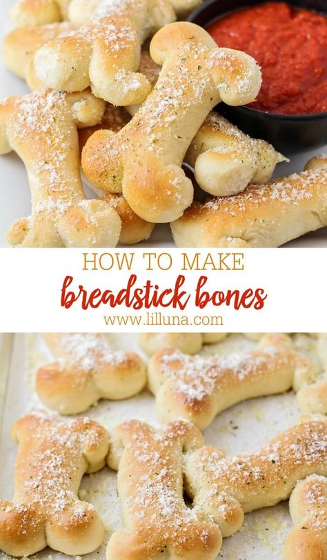 Bone Food Halloween, Bone Breadsticks Halloween Party, Breadstick Bones Halloween, Spooky Mozzarella Sticks, Bone Shaped Breadsticks, Halloween Bone Breadsticks, Spooky Themed Appetizers, Halloween Themed Foods For Kids, Easy Breadsticks Recipe