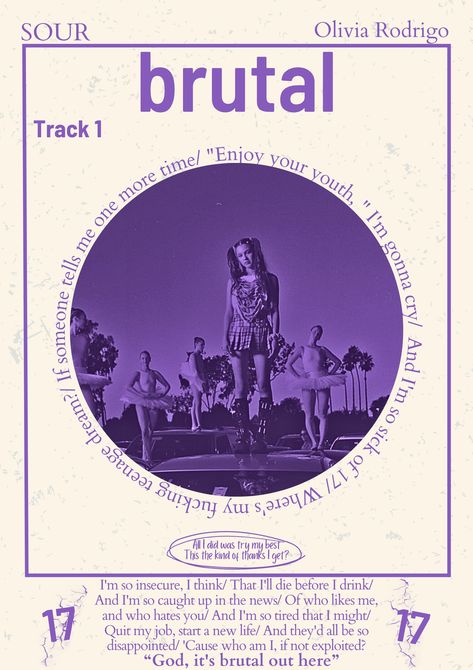 Brutal ♡ Olivia Rodrigo ♡ sour ♡ poster ♡ music poster Posters On Wall Bedroom Olivia Rodrigo, Olivia Rodrigo Song Poster, Sour Olivia Rodrigo Poster, Brutal Olivia Rodrigo Lyrics, Purple Academia, Olivia Song, Olivia Lyrics, Posters On Wall Bedroom, Olivia Rodrigo Sour