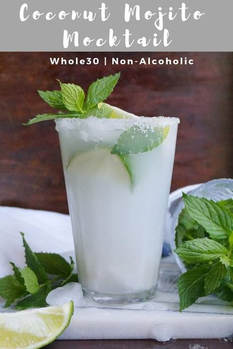 Whole30 Coconut Mojito Mocktail - Light, bubbly, and hydrating! Made with just a 5 ingredients, it's the best non-alcoholic drink! #cookathomemom #nonalcoholic Resep Koktail, Best Non Alcoholic Drinks, Coconut Mojito, Mojito Mocktail, Alcohol Free Drinks, Milk Shakes, Mocktail Recipe, Triple Sec, Cook At Home