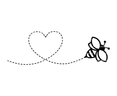 Bee Trail Tattoo, End Line Design, Bee And Heart Tattoo, Dotted Heart Tattoo, Bee Heart Tattoo, Bee Design Art, Line Art Bee, Bee Line Art, Bee Outline