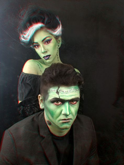 Couple Halloween Face Paint, Couples Face Paint, Frankenstein Family Costume, Halloween Costumes Dark Hair, Frankenstein Face Paint, Halloween Costumes Dark, Frankenstein Halloween Makeup, Bride Of Frankenstein Makeup, Frankenstein And His Bride