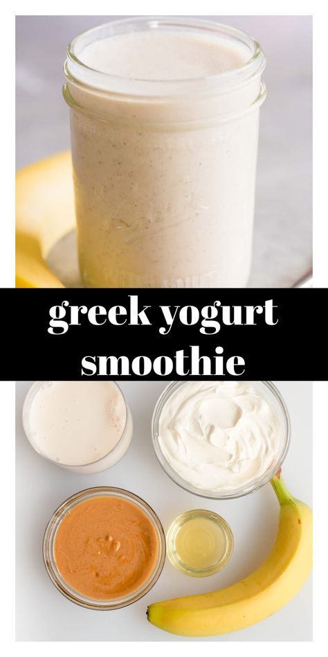 Peanut butter Banana Smoothie with Greek Yogurt is a go-to breakfast on-the-go in our house! It is full of flavor, not too-sweet, and packed with protein. This Greek Yogurt smoothie is the perfect start to your day and will keep you full until lunchtime! Yogurt Protein Smoothie, Smoothie With Greek Yogurt, Yogurt Protein Shake, Greek Yogurt Smoothie Recipes, Yogurt Smoothie Bowl, Banana Yogurt Smoothie, Greek Yogurt Oatmeal, Peanutbutter Smoothie Recipes, Fitness Ebook