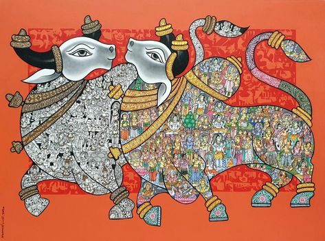 Vivek Kumavat | Dancing Nandi | Acrylic on canvas | 36 x 48 inches Indian Contemporary Art, Modern Indian Art, Indian Artwork, Kalamkari Painting, Indian Art Gallery, Pichwai Paintings, Indian Painting, Mandala Art Lesson, Art And Craft Videos