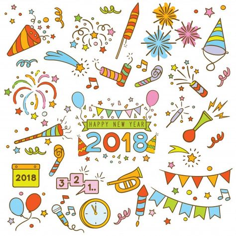 Happy New Year Doodle, New Year Doodles, New Years Drawing Ideas, Happy New Year Calligraphy, New Year Doodle, New Year's Drawings, Doodle Elements, New Year Symbols, Event Poster Template