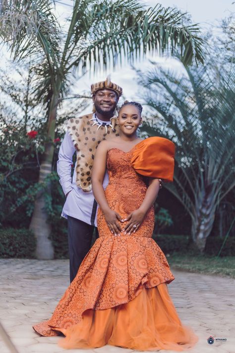 Orange Shweshwe Dresses, South African Traditional Dresses Design, Lobola Dresses, Shweshwe Dresses South Africa, Lobola Outfits, Couples African Outfits, South African Traditional Dresses, African Bridal Dress, African Traditional Wedding Dress