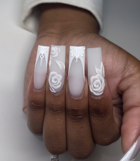 Bridal freestyle 🥂🕊♡₊˚₊✧ Sweet girl Came to make her big day xtra special with some fresh claws ✨ • Check out @ash_doesnailz for appointments/content/inspo & more • July books open! Link to book in bio 🤗 • Products used @vbeautypure Soft touch & crystal clear @dndgel French white gel polish No cleanse top coat #weddingnails #bridalnails #weddinginspo #softwhitenails #whitenails #3drosenails #3dflowernails #embossednails ##vintagenails #vbeautypure #vbeauty #dndgelpolish #summernails... Vine Nails, White Gel Polish, Bio Products, 3d Flower Nails, Books Open, Milky Nails, Dnd Gel Polish, Vintage Nails, Bridal Nails