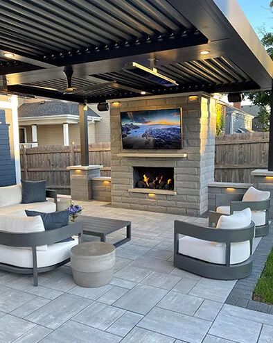 Outdoor Living Spaces, Landscape Design, Elmhurst IL Two Patios In Backyard, Outdoor Pergola Ideas Backyards Patios, Decks With Fireplaces Outdoor, Amazing Outdoor Living Spaces, Coastal Backyard Patio, Small Backyard Tv Ideas Patio, Backyard Tv Area, Backyard Tv Wall, Pergola By Pool Ideas